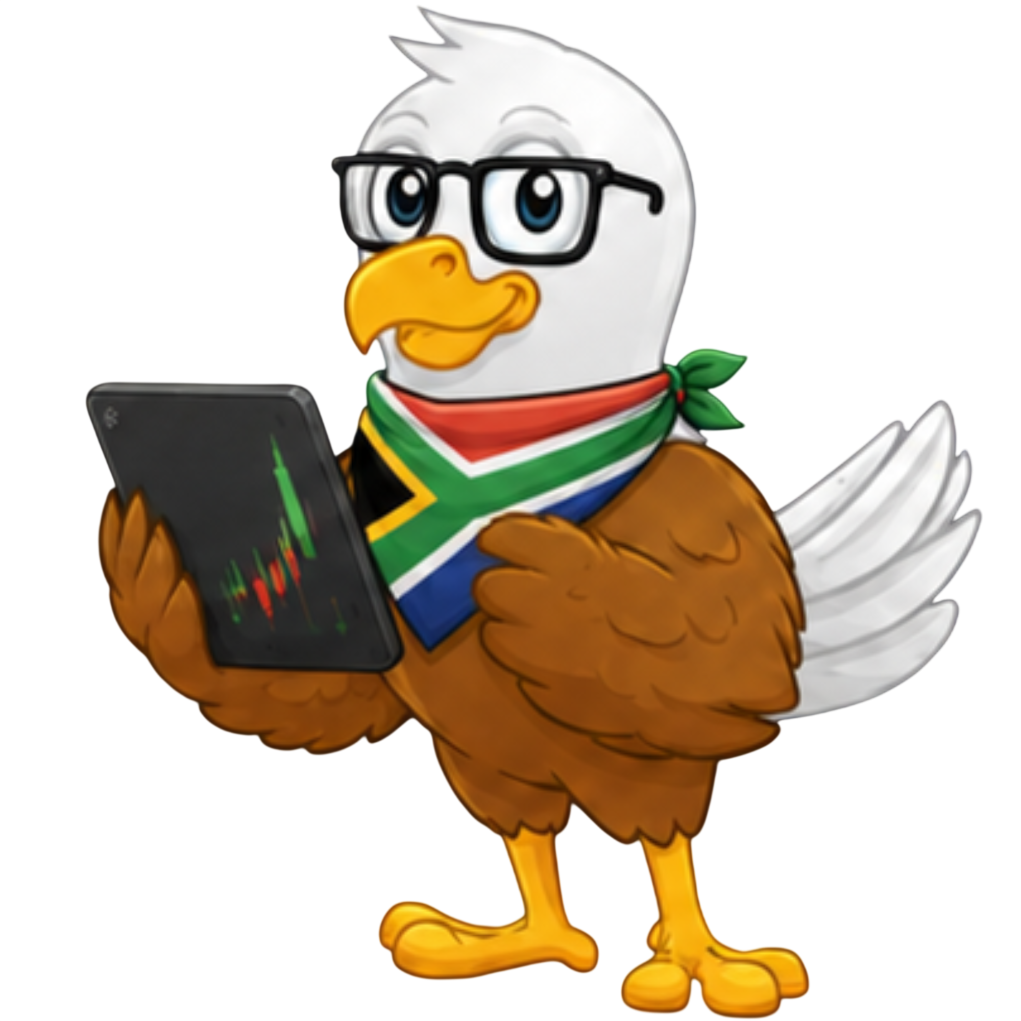 Eddy the Eagle, Team Aquila mascot, holding a tablet with a trading chart